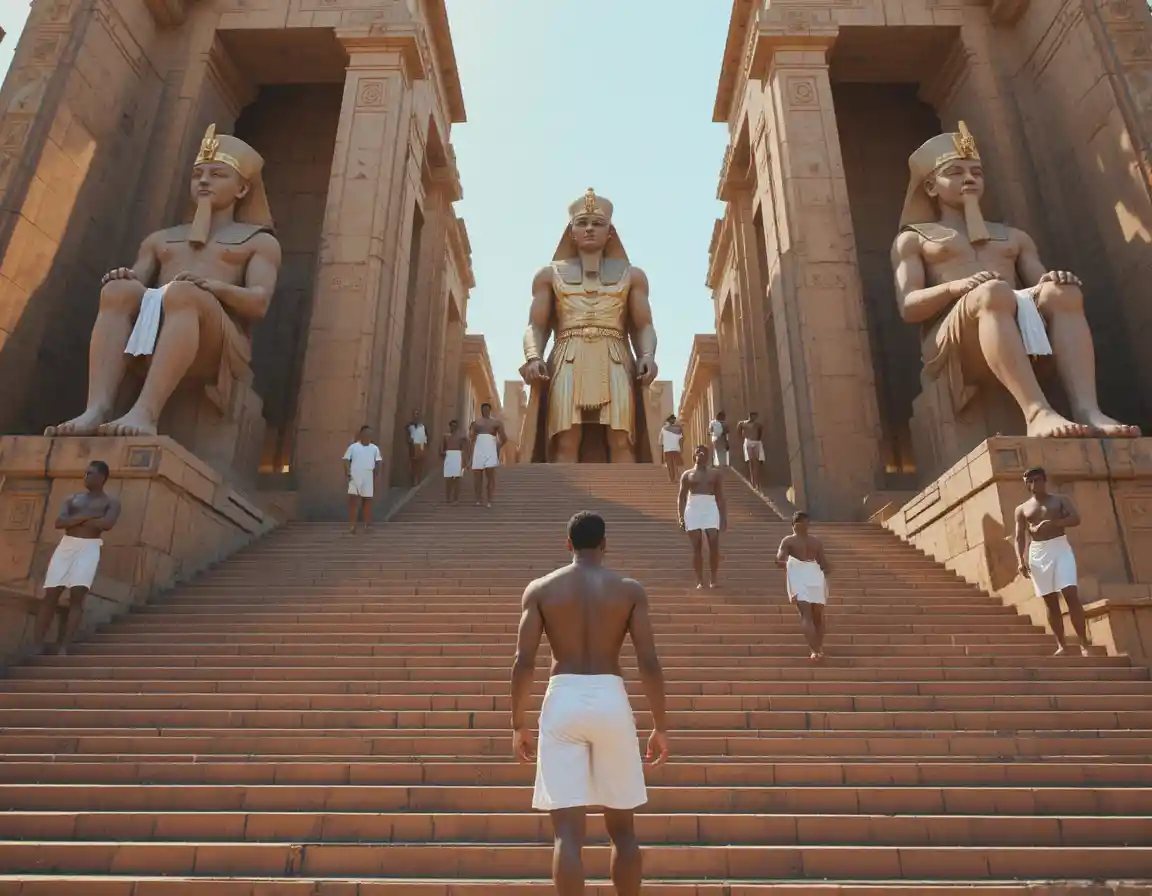 Man Approaching Grand Egyptian Temple Staircase In Sunlight