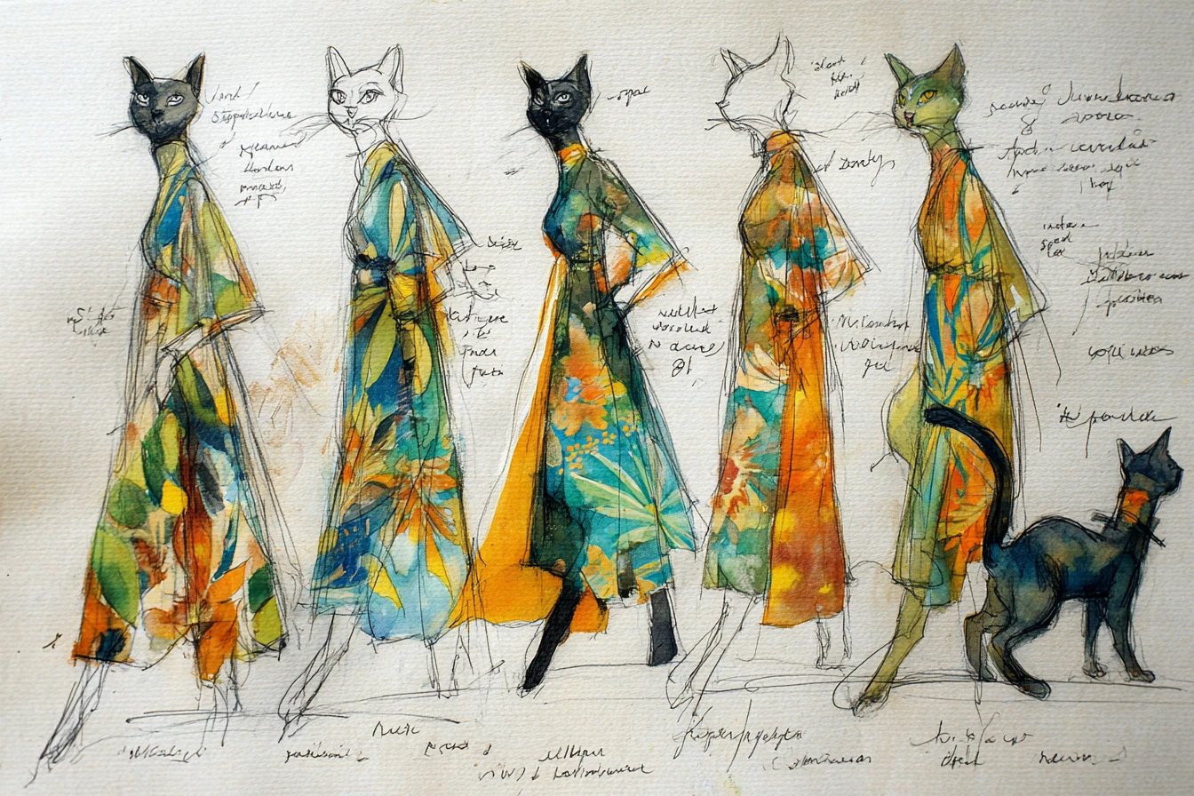 Elegant fashion cats in colorful tropical costume sketches