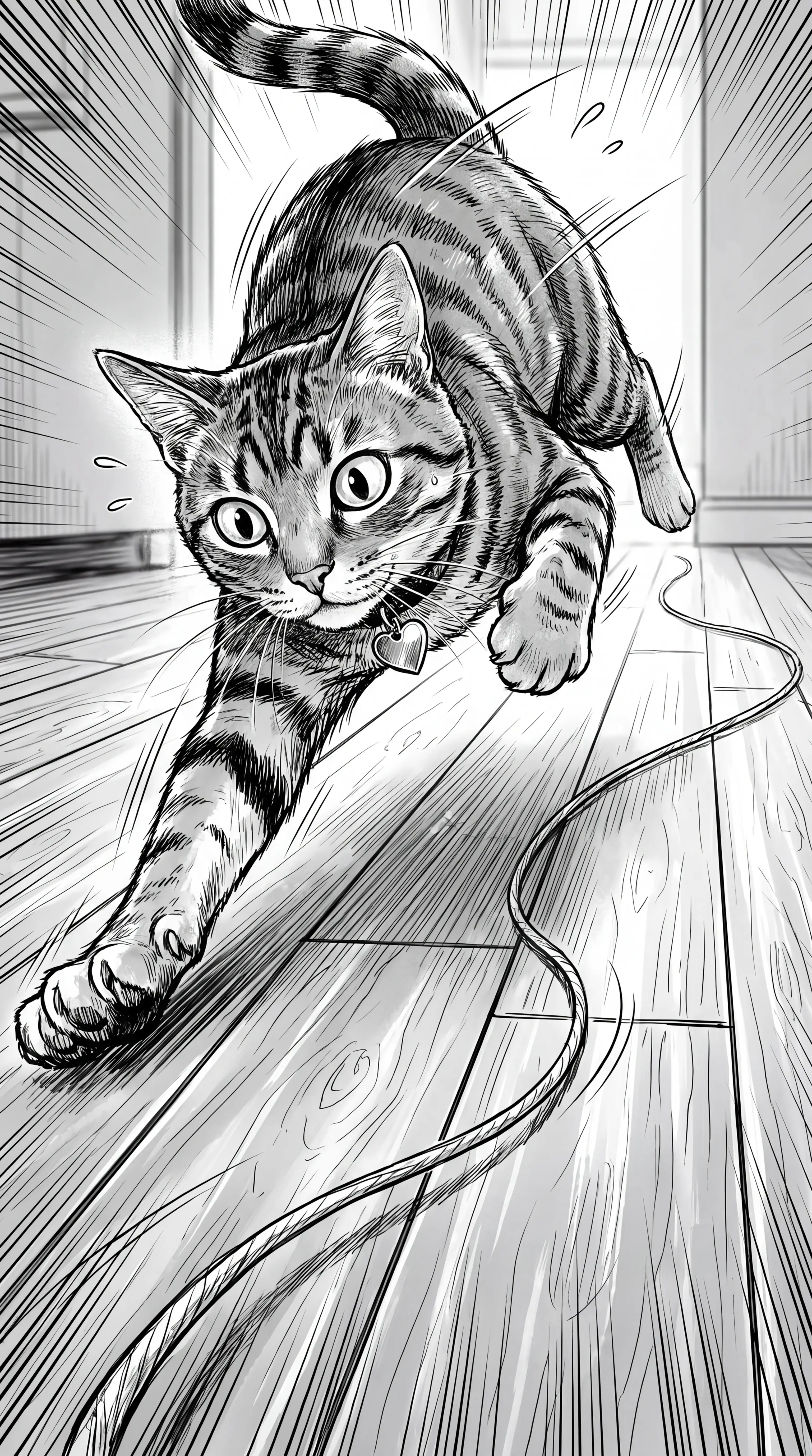 Playful tabby cat leaping after yarn on wooden floor
