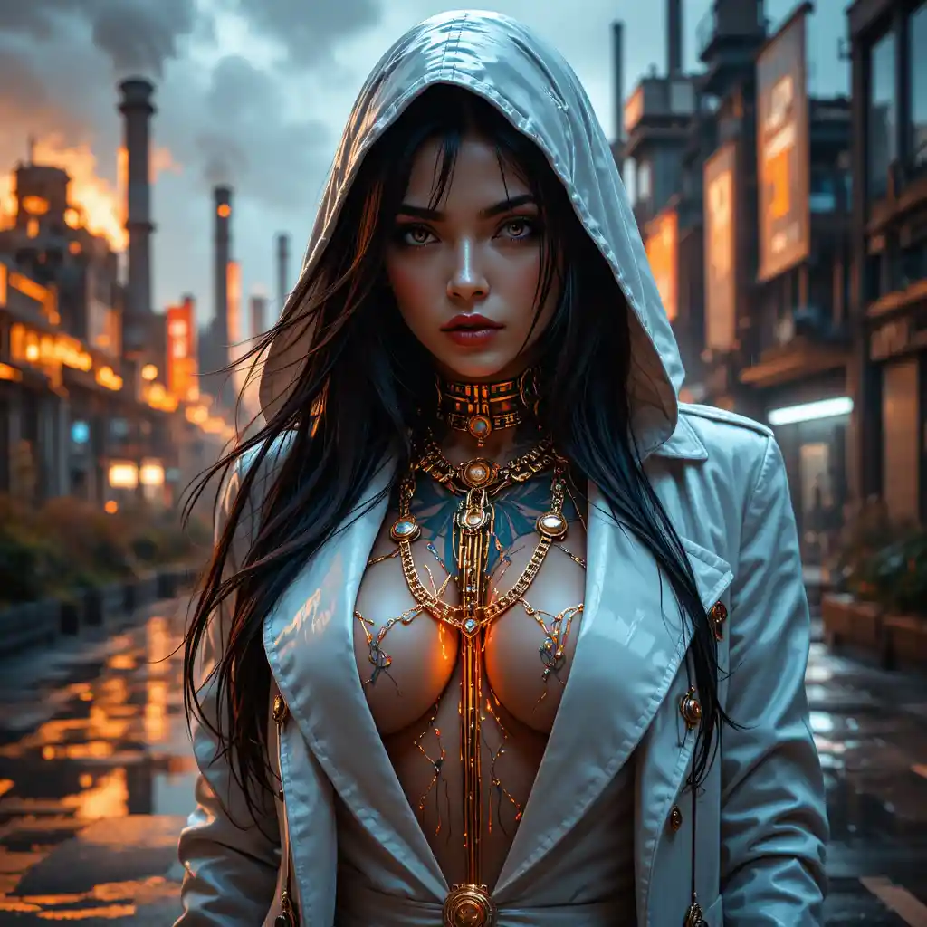Cyberpunk saint outlaw woman in neon lit close up portrait