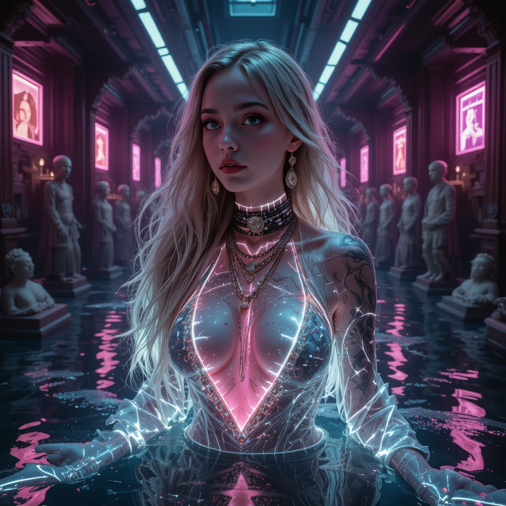 Ritratto digitale di santa illuminato al neon con tatuaggi glitch e catene