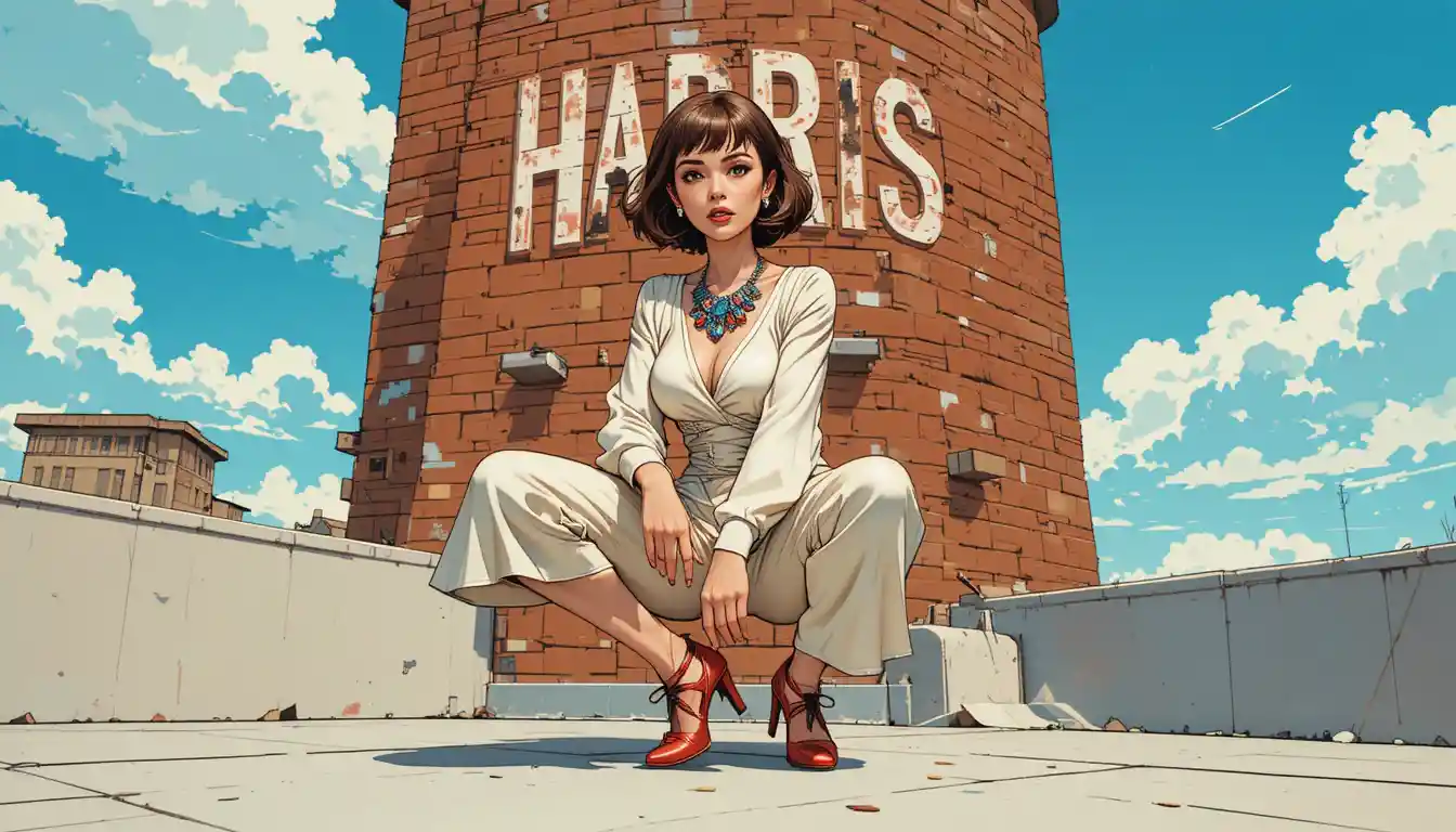 Woman in white jumpsuit crouching on sunny rooftop