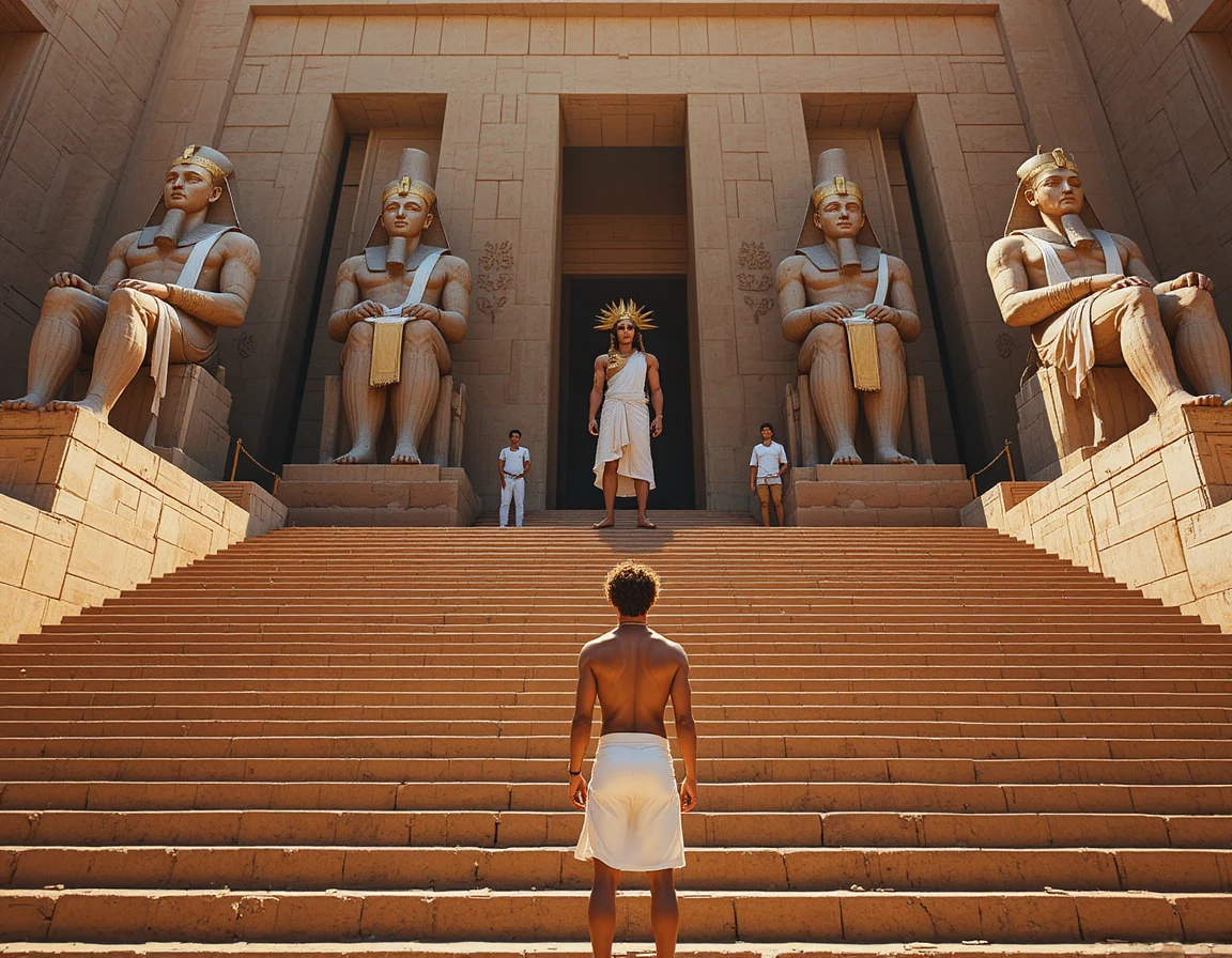 Man facing grand egyptian temple staircase in sunlight