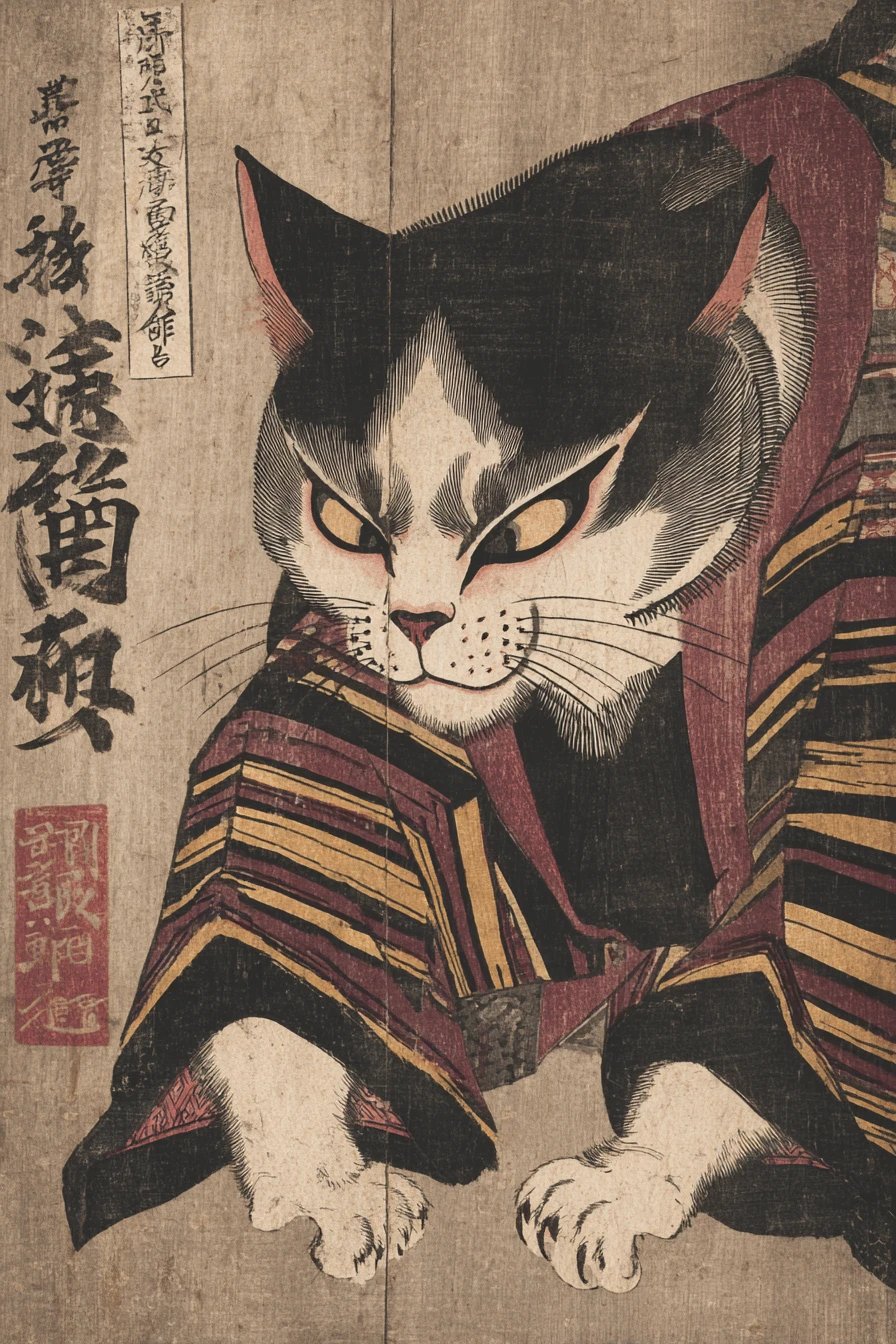 Dramatic Siamese Cat In Ukiyo E Kabuki Portrait