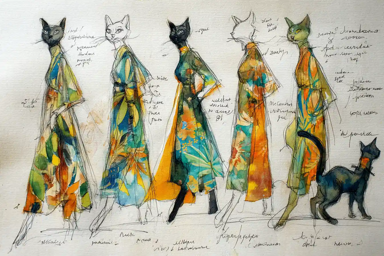 Elegant fashion cats in colorful tropical costume sketches