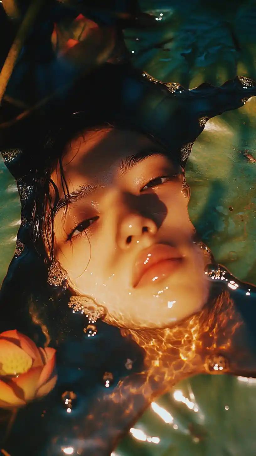 Close up portrait above water in a lotus pond