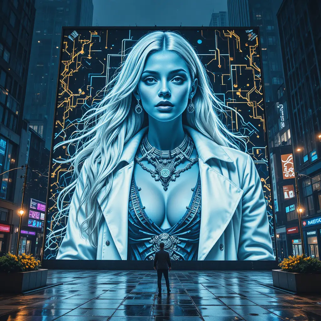 Cyberpunk-heilige Frau auf riesiger Stadtwerbetafel
