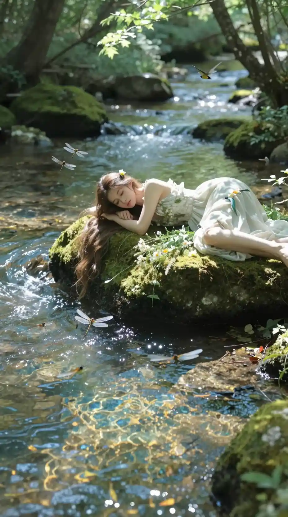 Young woman resting by a sunlit forest stream