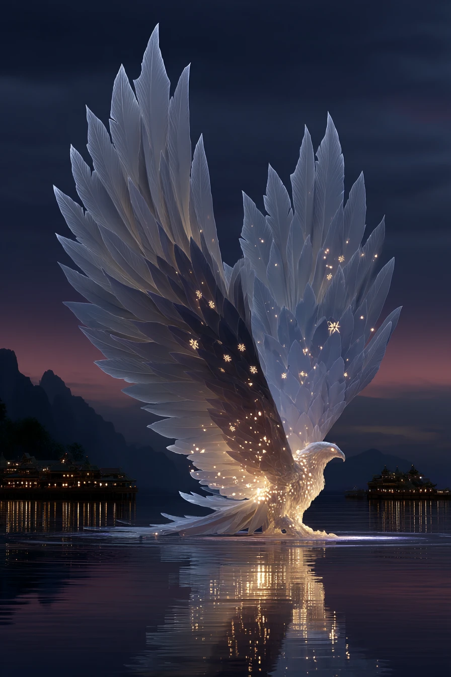 Ethereal ice phoenix rising from a frozen crystal lake