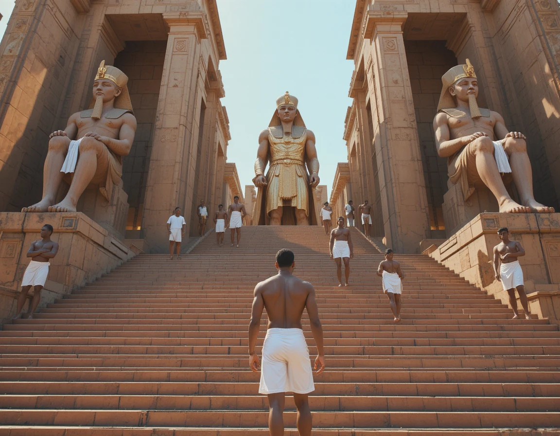 Man Approaching Grand Egyptian Temple Staircase In Sunlight