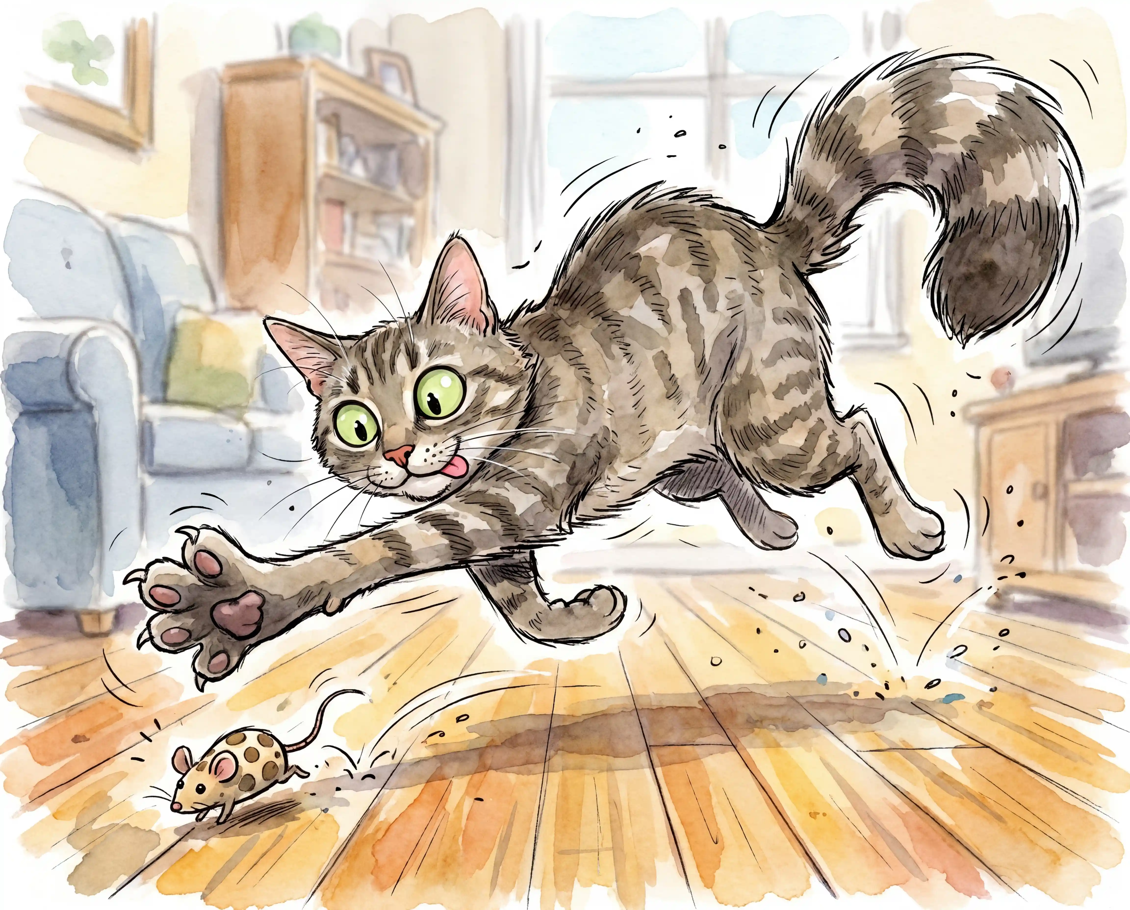 Gatto tigrato giocherellone che salta verso un giocattolo rimbalzante in casa
