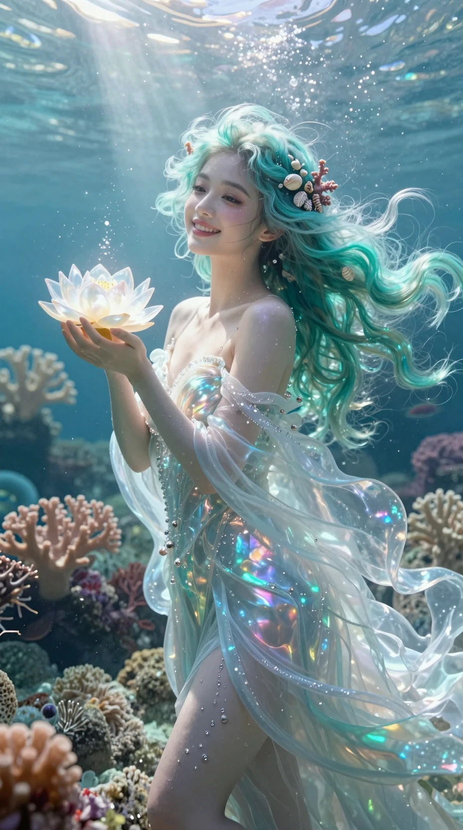 Graceful water spirit holding a glowing lotus underwater