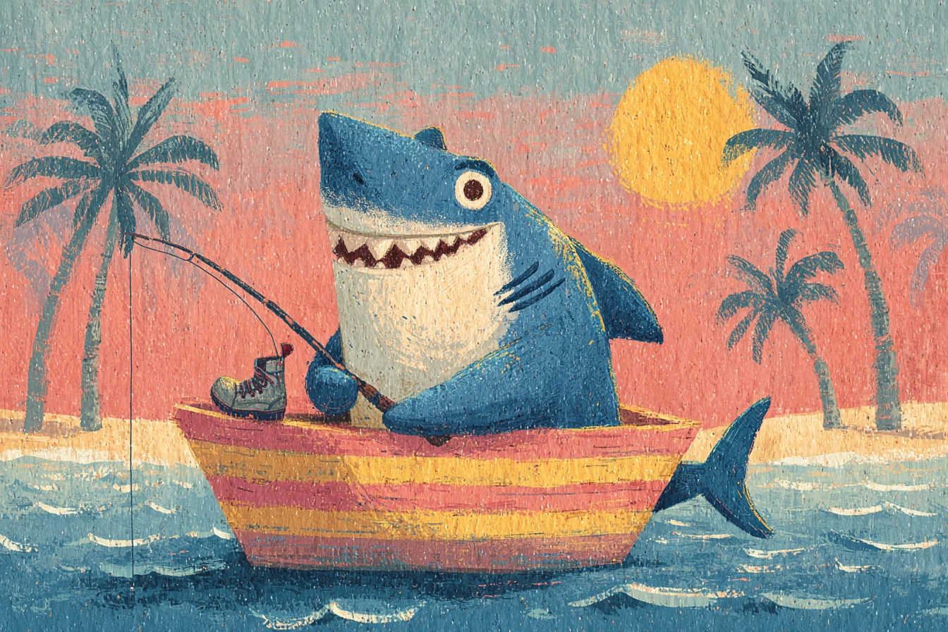 Smiling cartoon shark fishing in a tropical boat scene