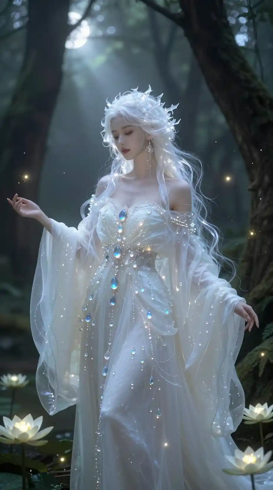 月光照耀下魔幻森林中的空靈女神