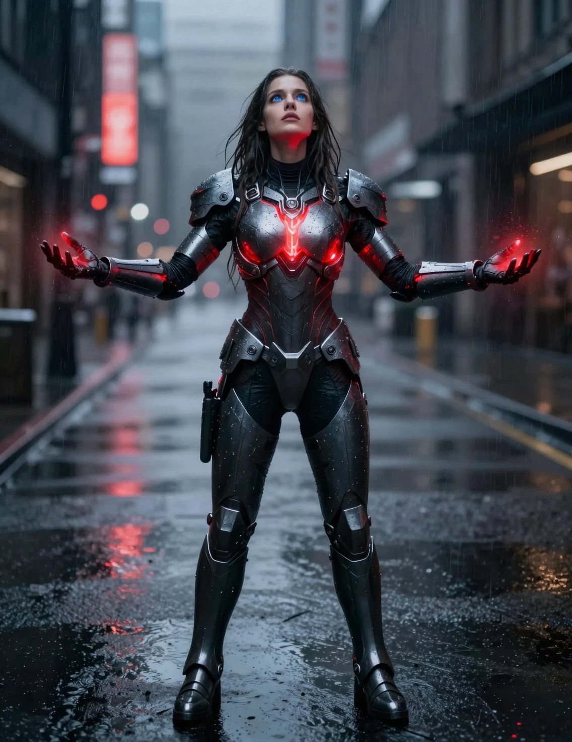 Armored woman with glowing red energy on rainy city street