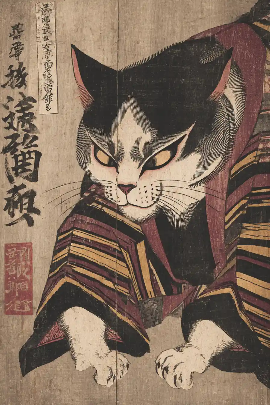 Dramatic Siamese Cat In Ukiyo E Kabuki Portrait