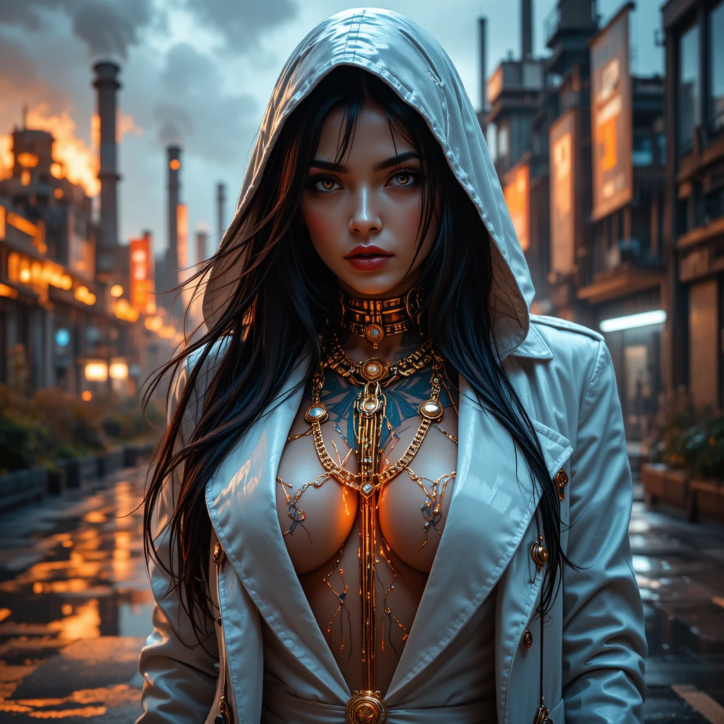 Cyberpunk saint outlaw woman in neon lit close up portrait