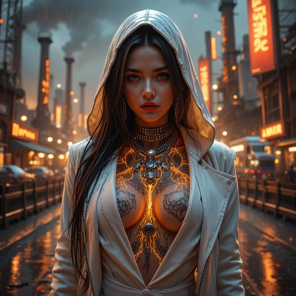 Cyberpunk outlaw woman in neon lit industrial city