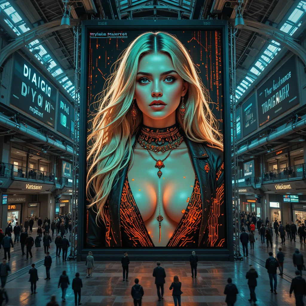 Santa fuorilegge digitale su cartellone neon cyberpunk in stazione