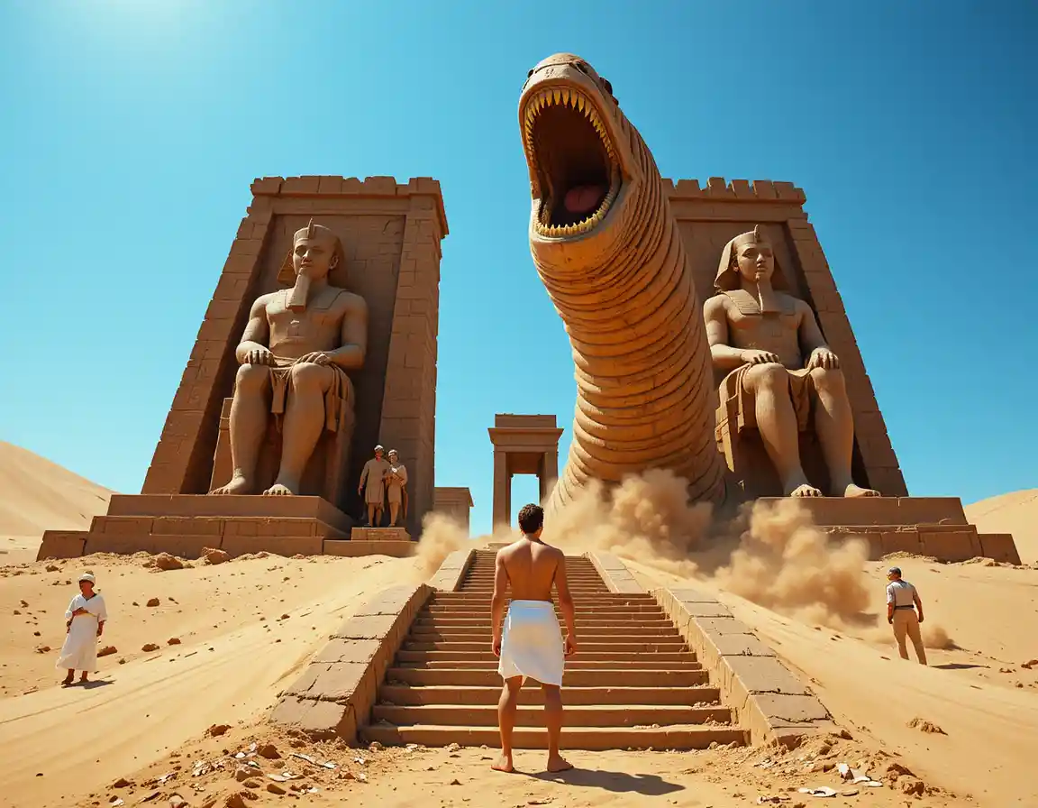 Homme s’approchant d’un grand temple égyptien sous un soleil éclatant