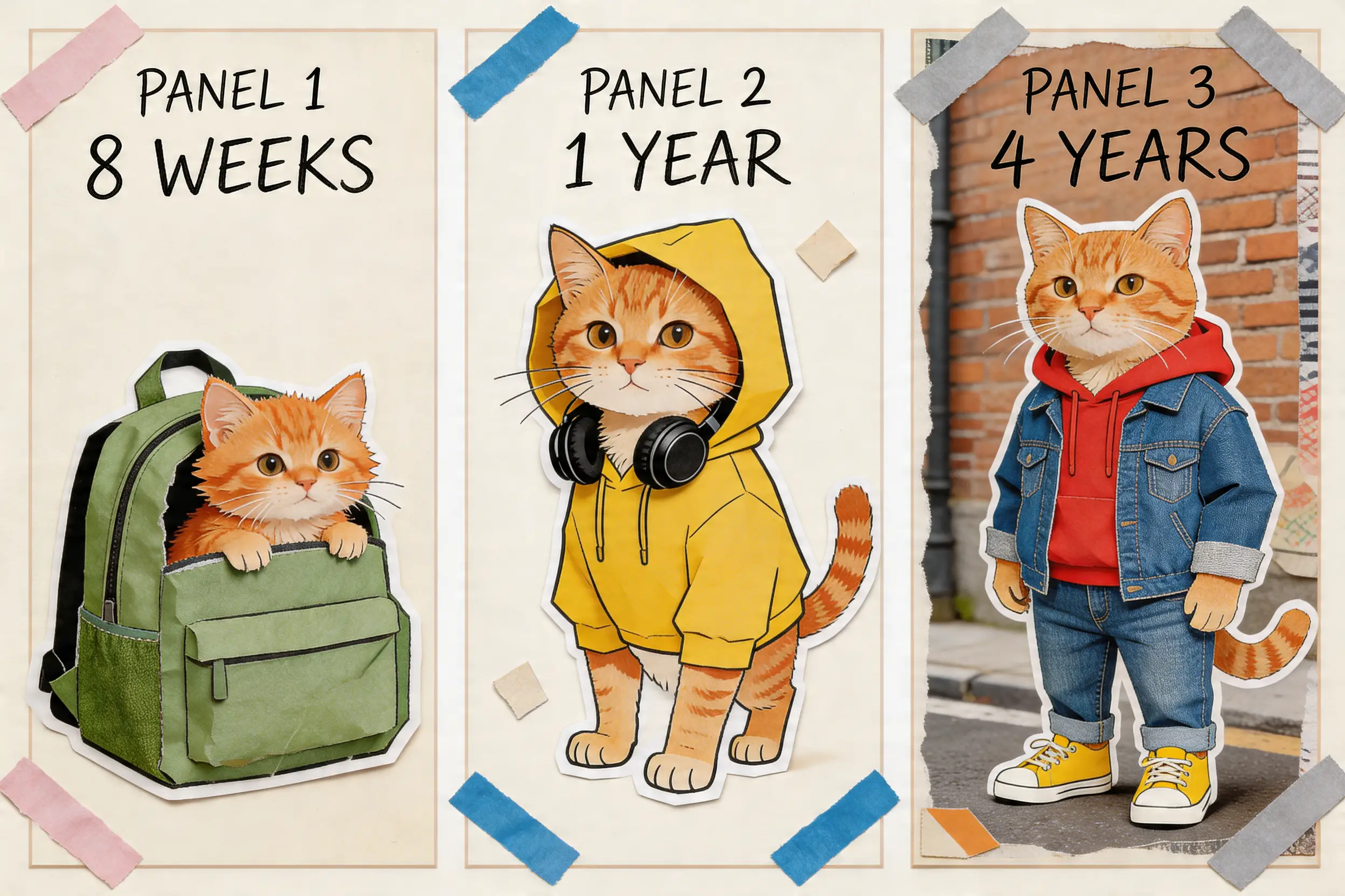 three panels showing an orange tabby cat aging from a kitten in a backpack to a stylish adult cat.