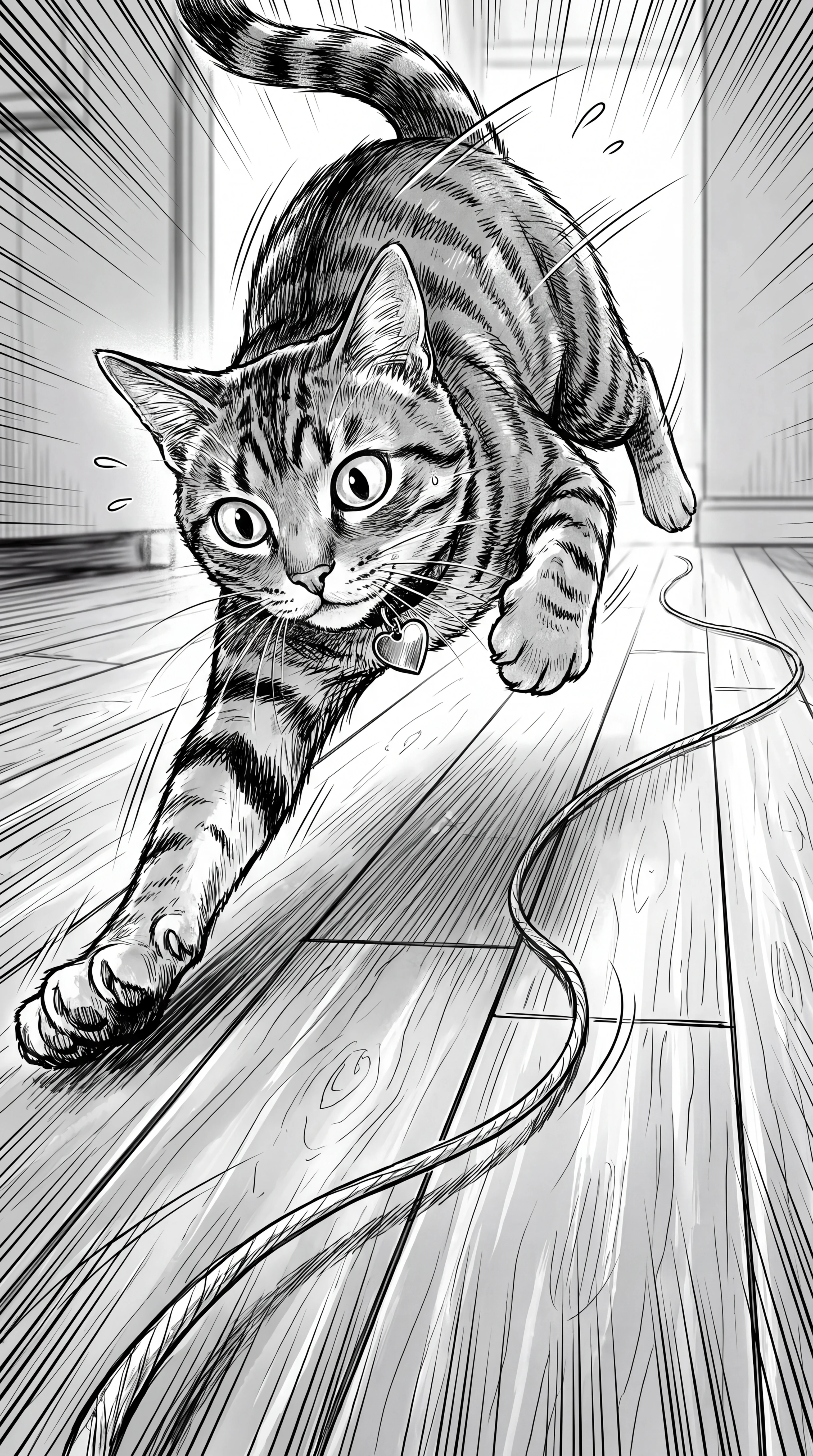 Playful tabby cat leaping after yarn on wooden floor