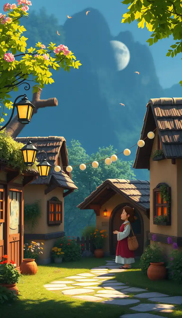 Cozy neon fantasy village in a playful 3D style