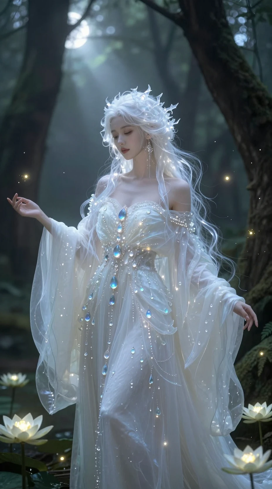 Ethereal goddess woman in a moonlit enchanted forest