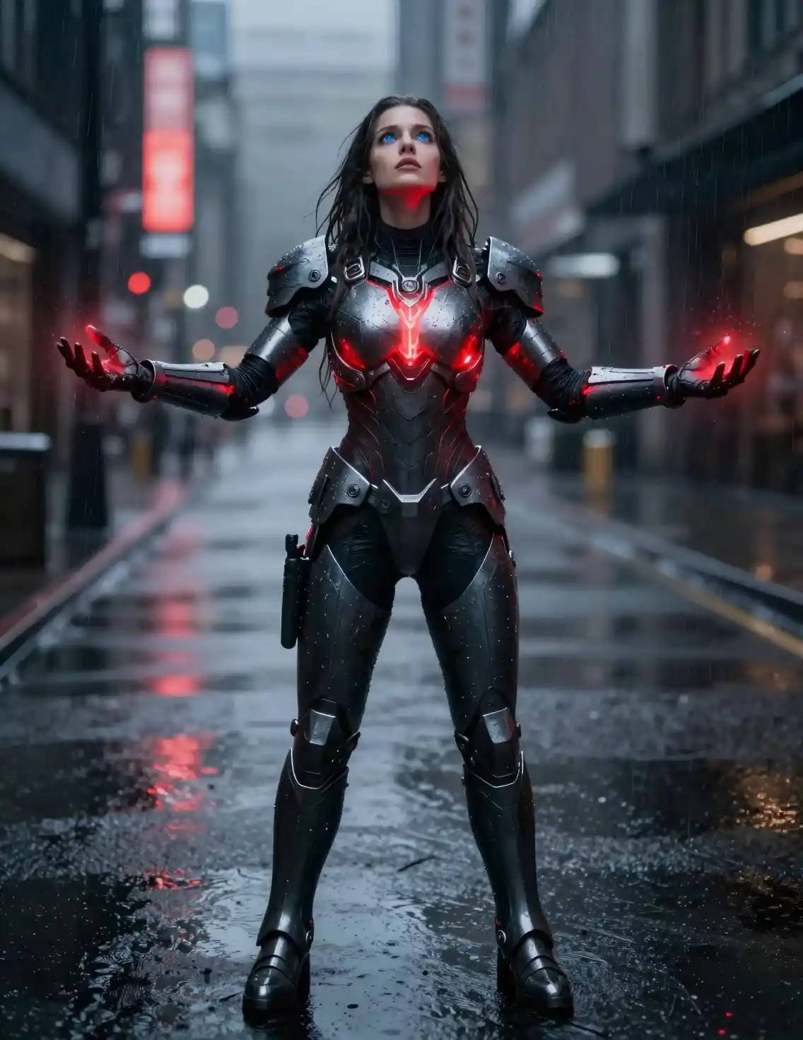 Armored woman with glowing red energy on rainy city street