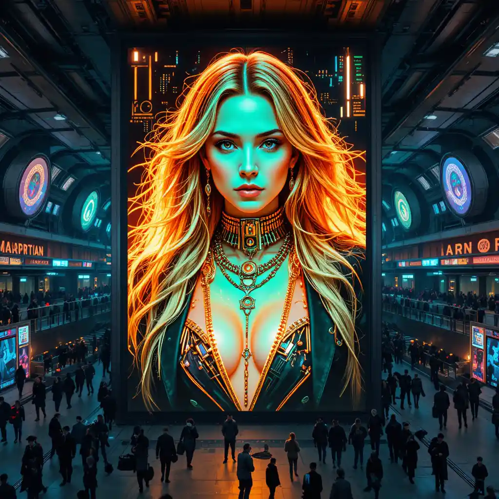 Digital outlaw saint woman on cyberpunk transit billboard