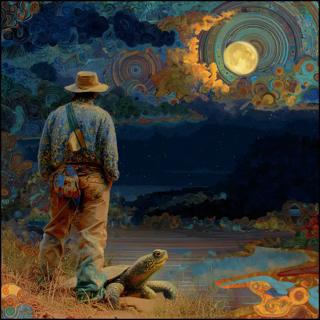 Station fantastique au clair de lune sous un croissant de lune lointain