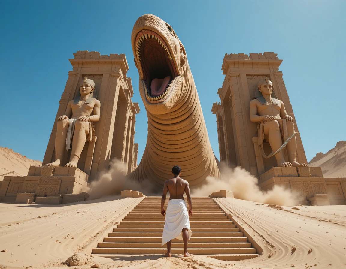Man Approaching Grand Egyptian Temple Under Bright Sunlight