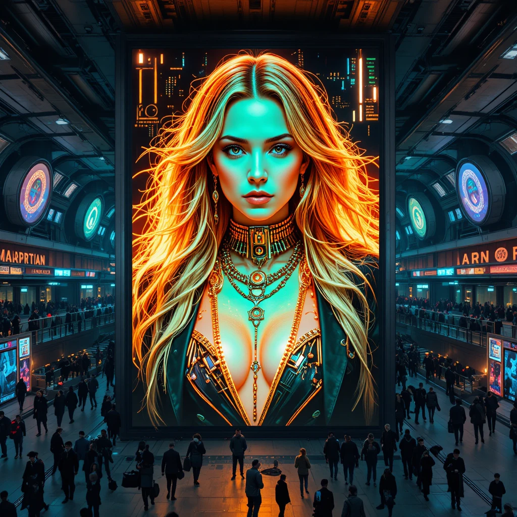 Digital outlaw saint woman on cyberpunk transit billboard