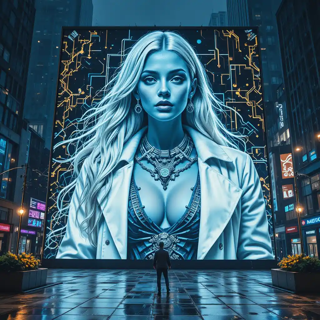 Cyberpunk saintly woman on towering city billboard