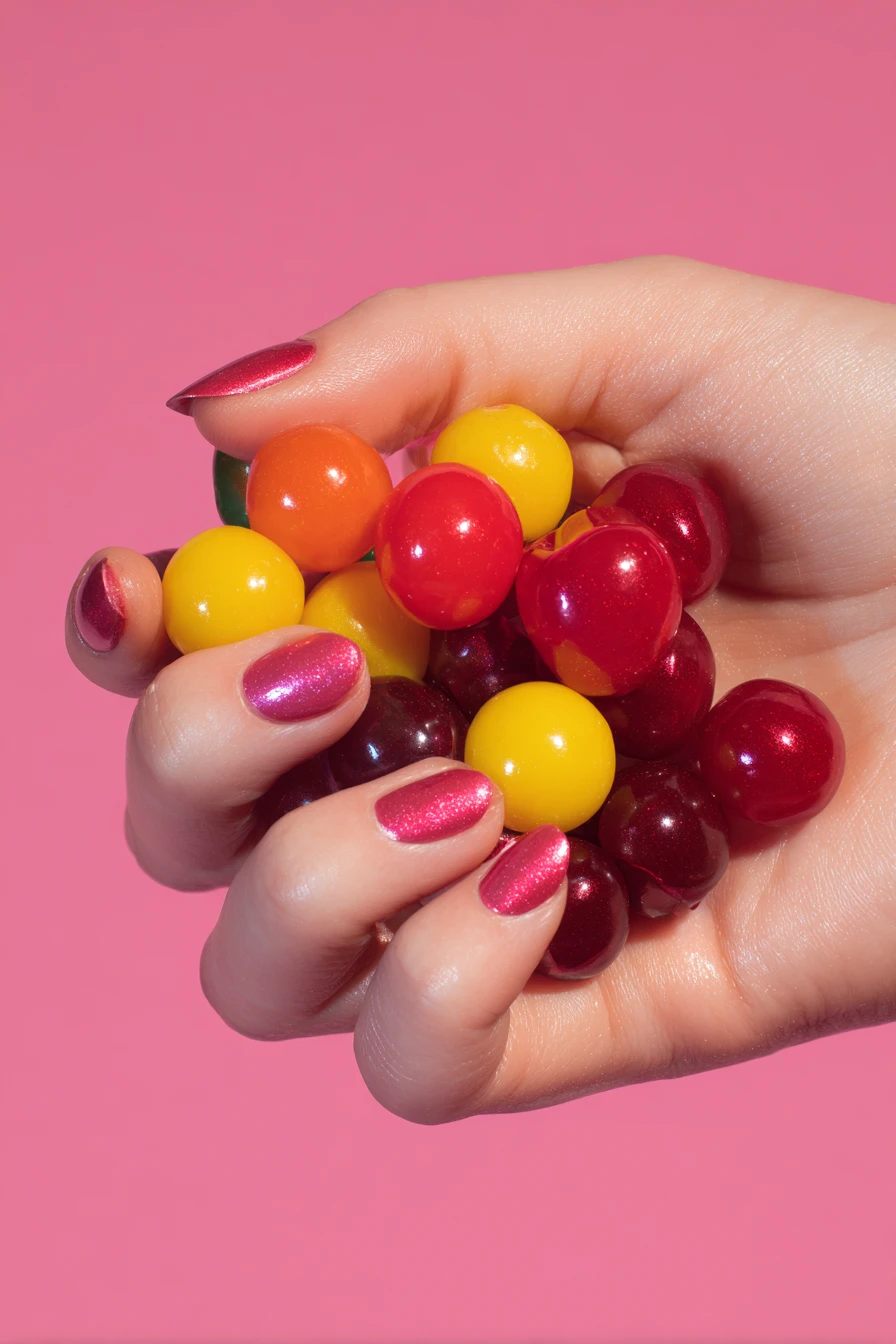 Anthropomorphic fruit candies dancing with bold punk attitude