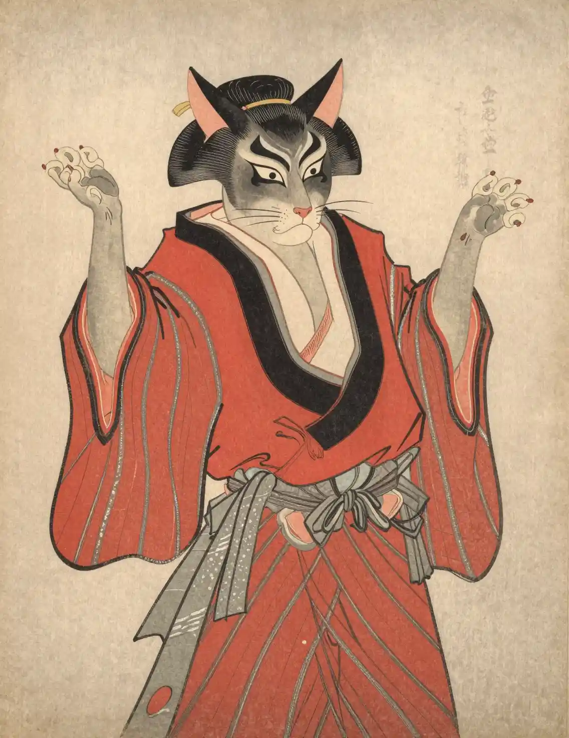 Ukiyo e sphinx cat kabuki actor in striped kimono
