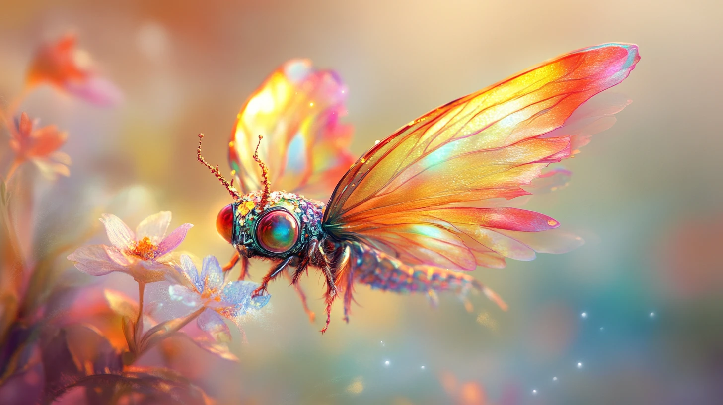 Whimsical fairy portrait with iridescent opal like wings