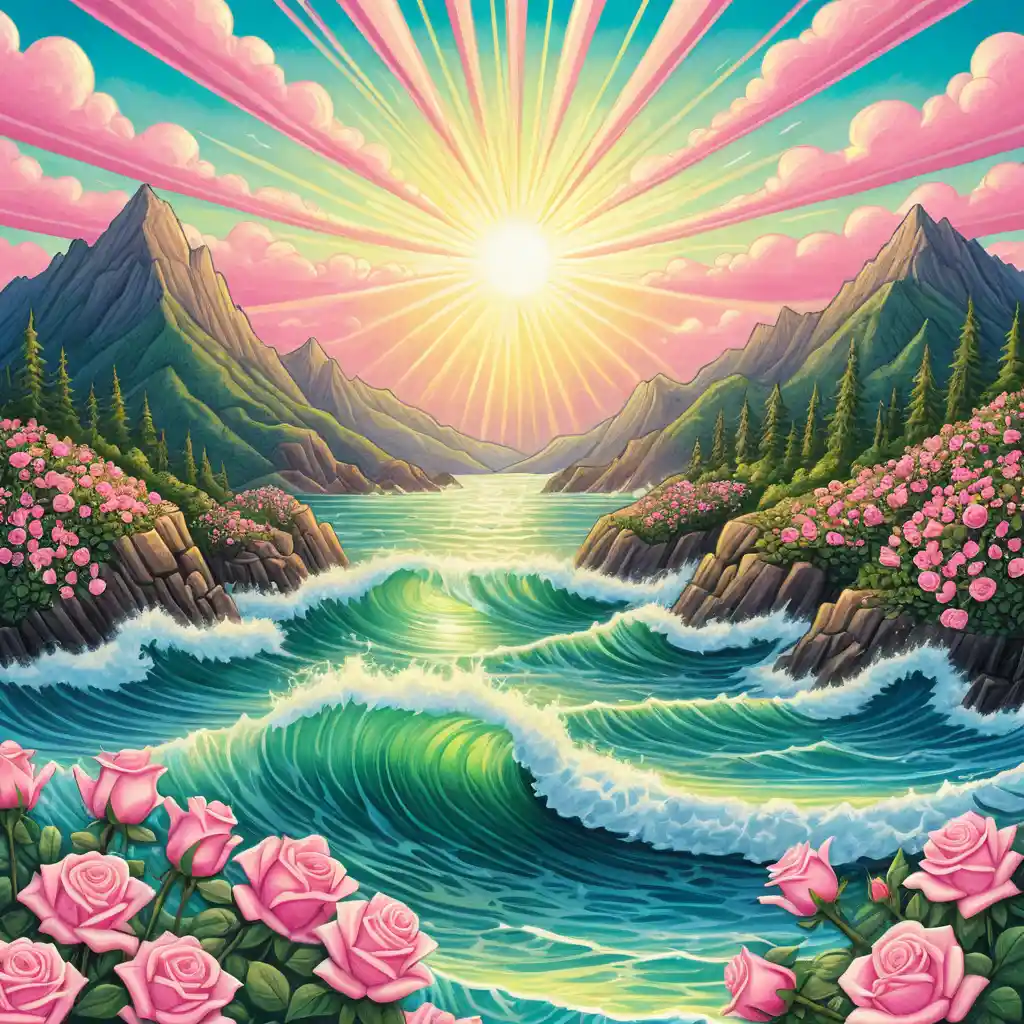 Ocean waves and sunbeams framed by mountains and roses