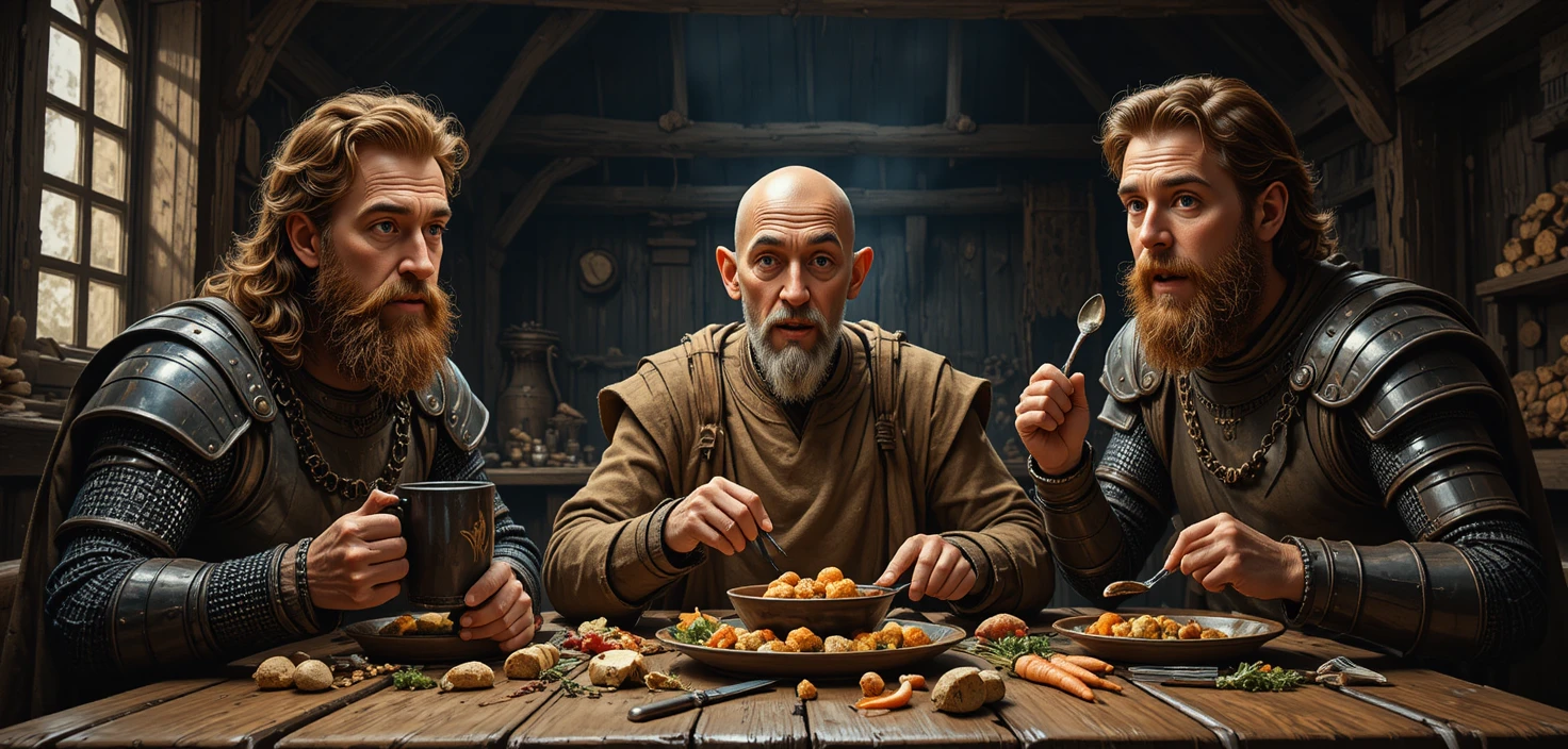 Medieval men dining at a rustic wooden table in shadowy hall