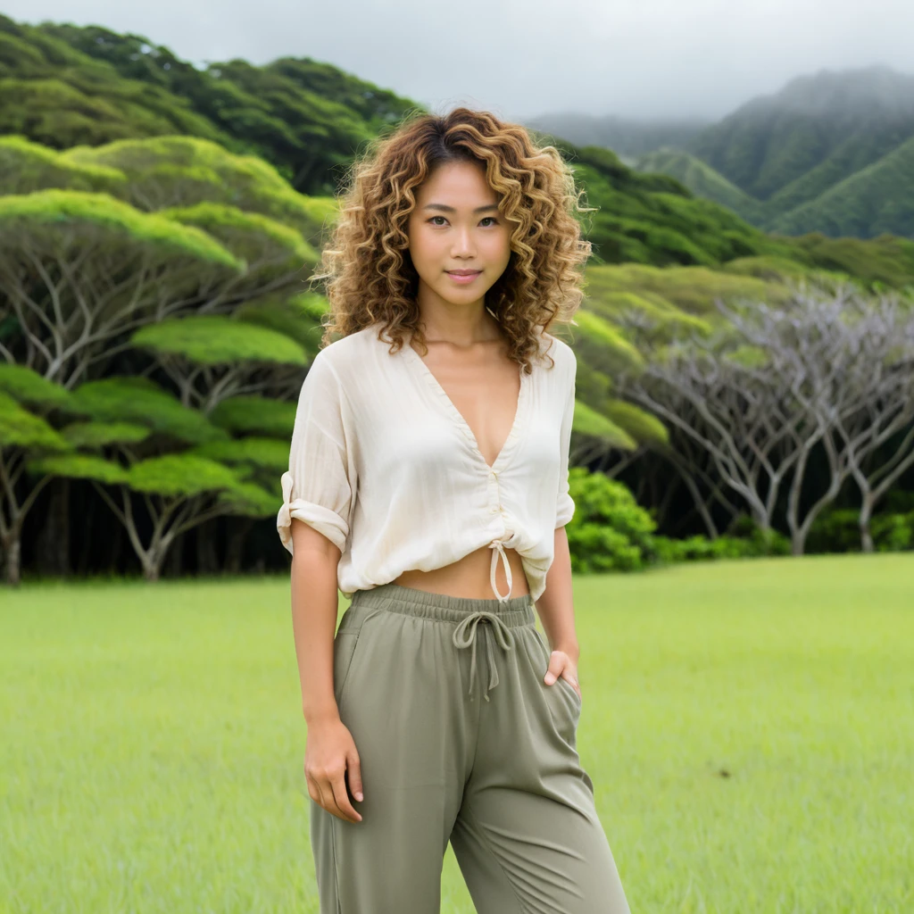Okinawan woman standing in a field on a cloudy day