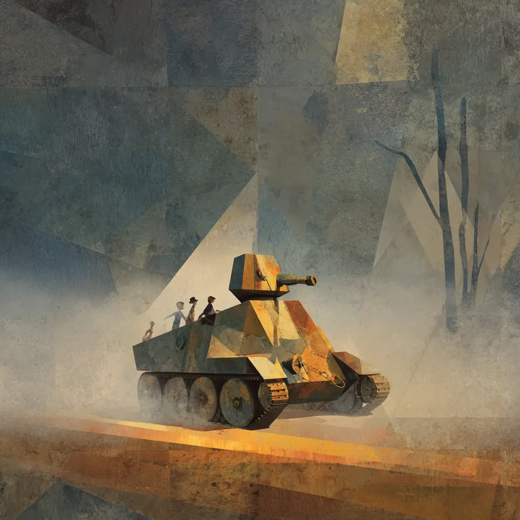 Surreal old tank drifting through mist in a childlike landscape