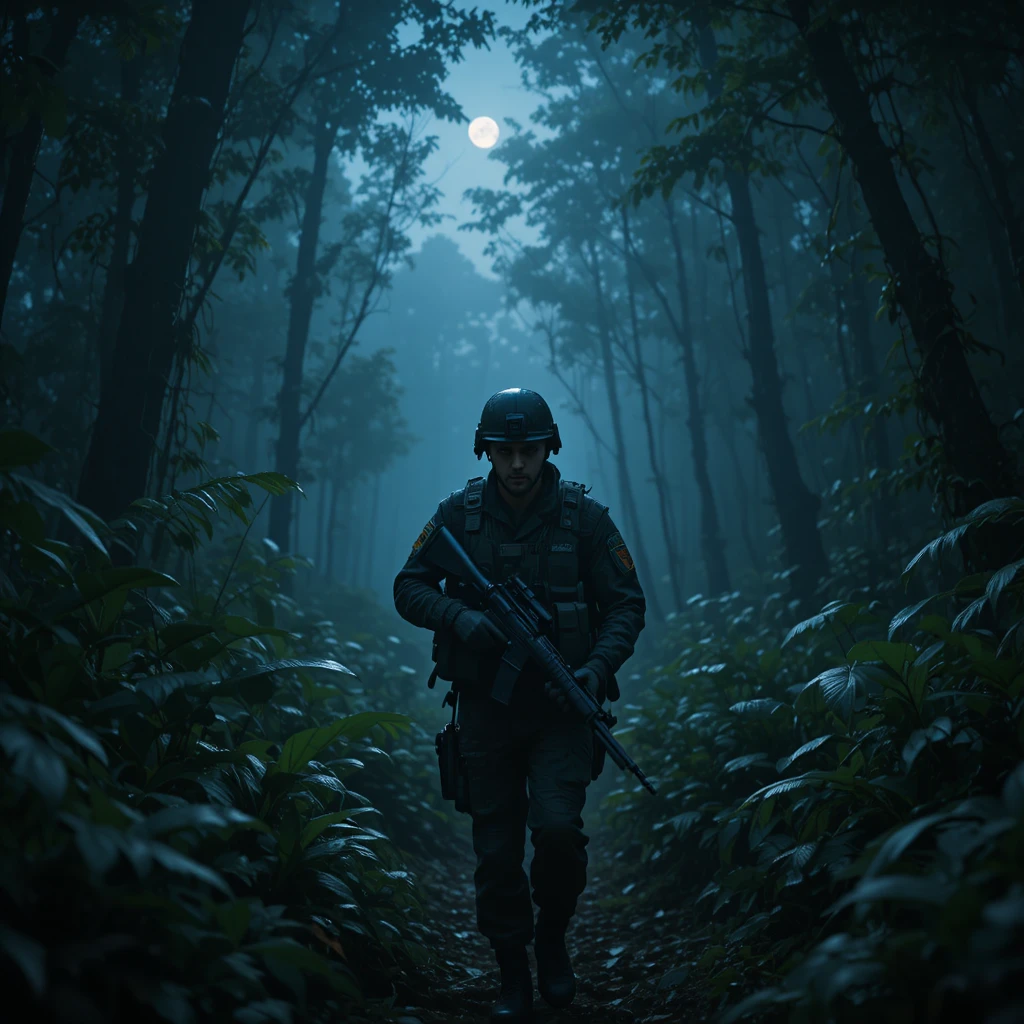Soldier entering dark jungle at night under moonlight