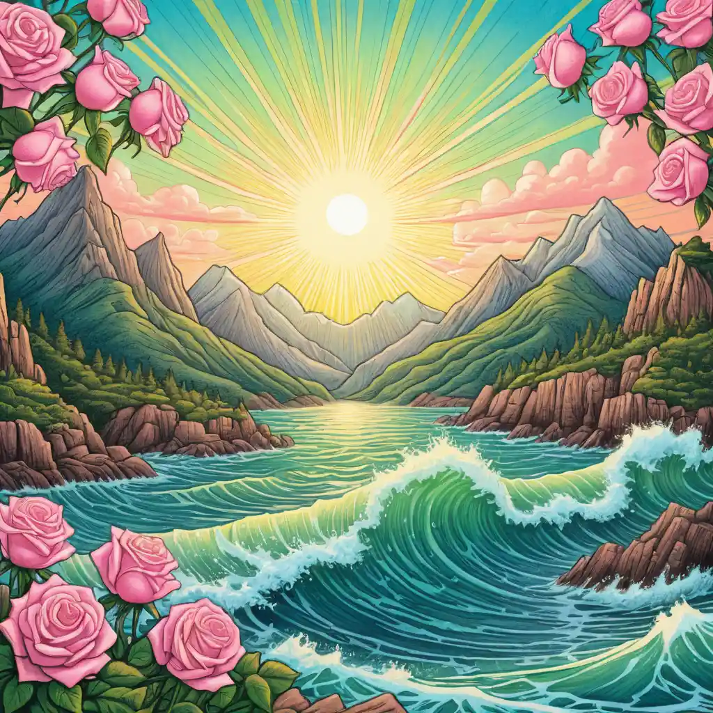 Ocean waves and sunbeams framed by pink roses and mountains