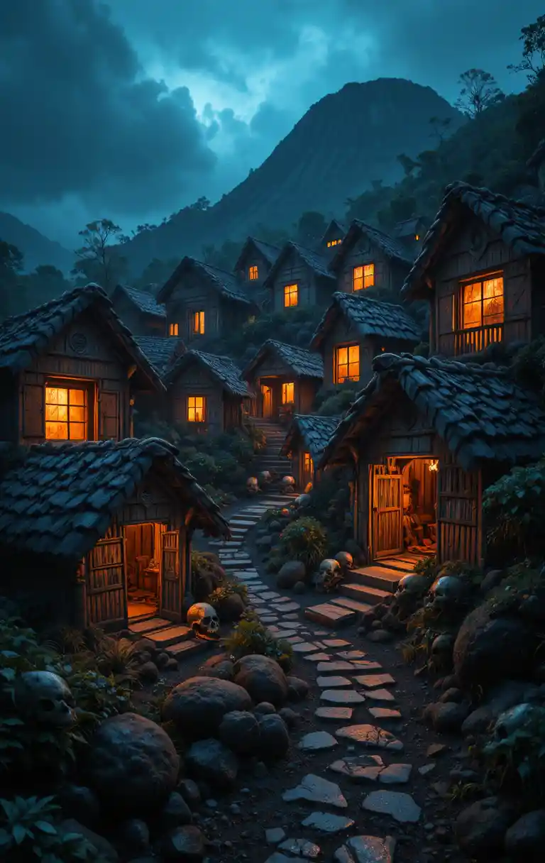 Bone village built into a glowing volcano at night