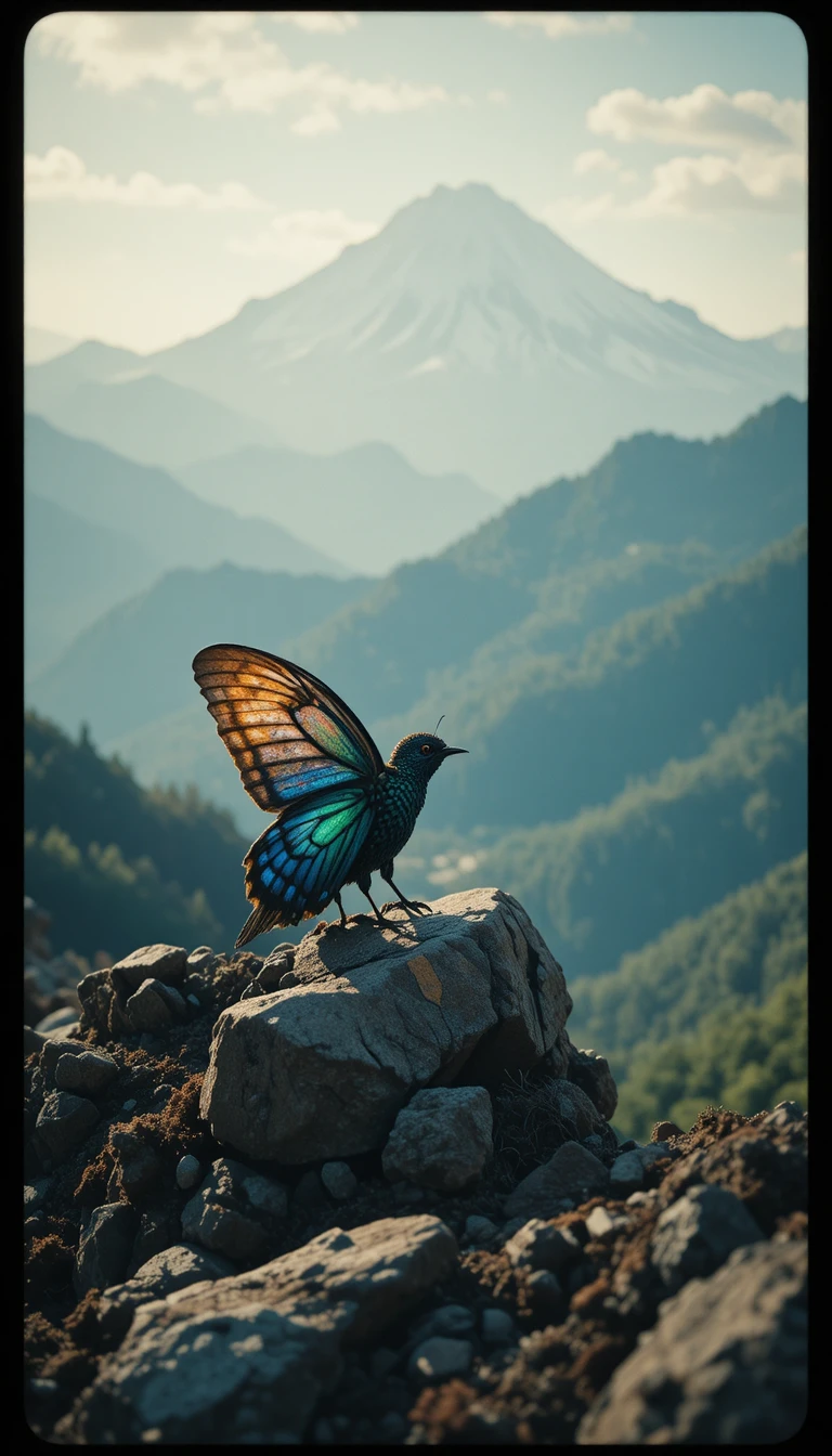 Fantasy insect resting on a misty Japanese mountain peak