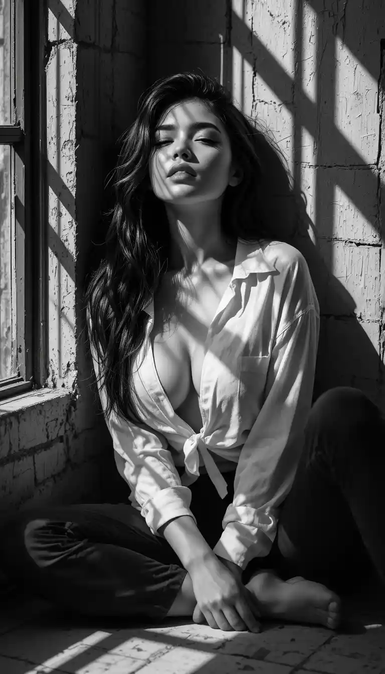 Moody black and white portrait of a woman on floor