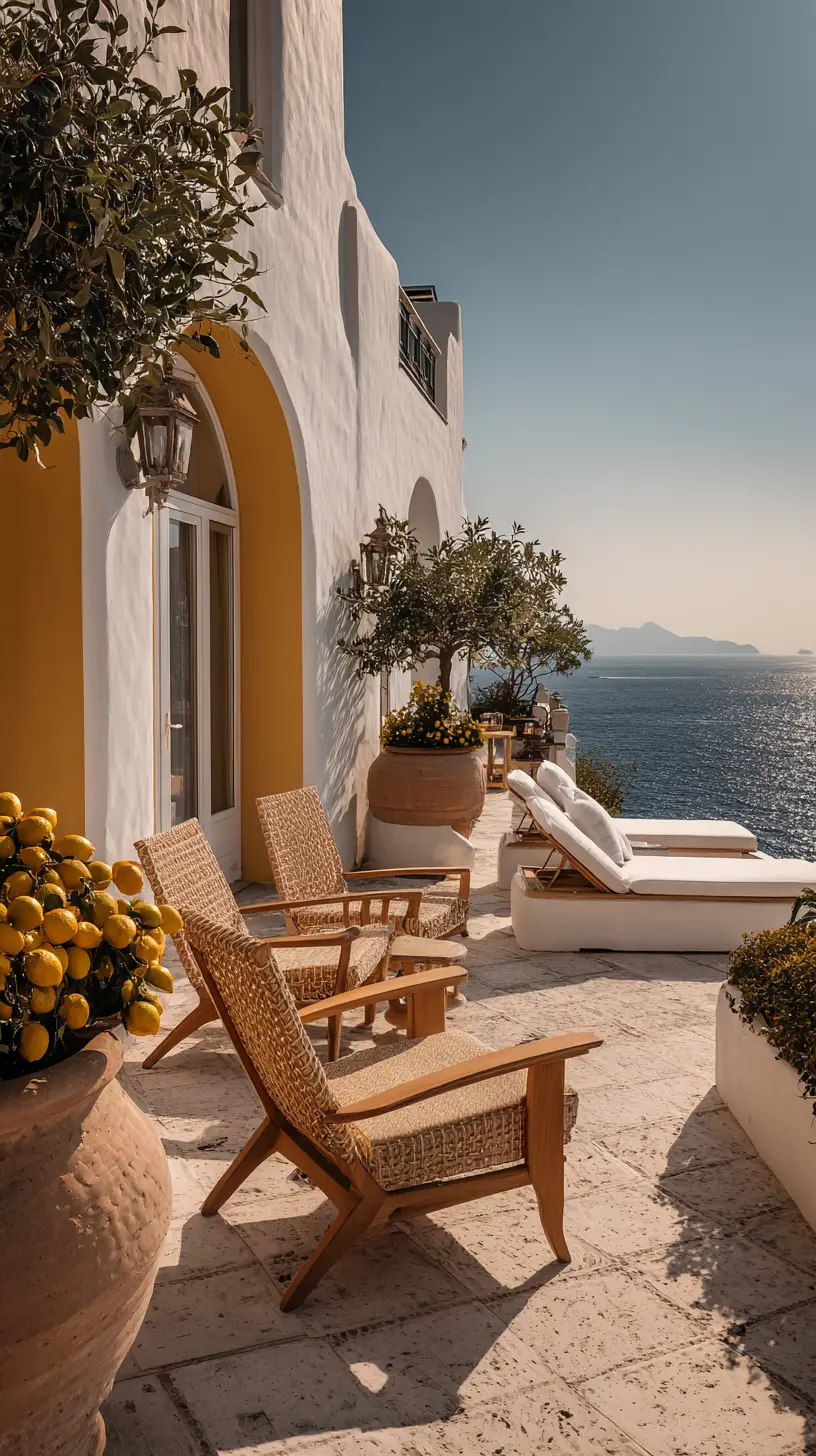 Italian villa terrace overlooking a tranquil Mediterranean sea