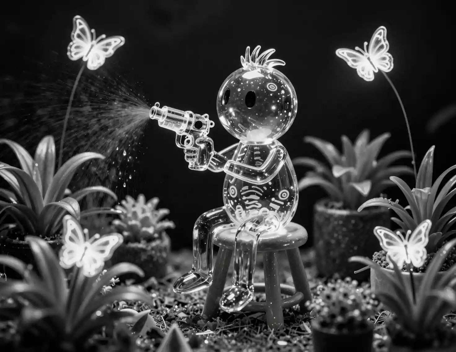 Glass figure with water pistol among ornamental plants
