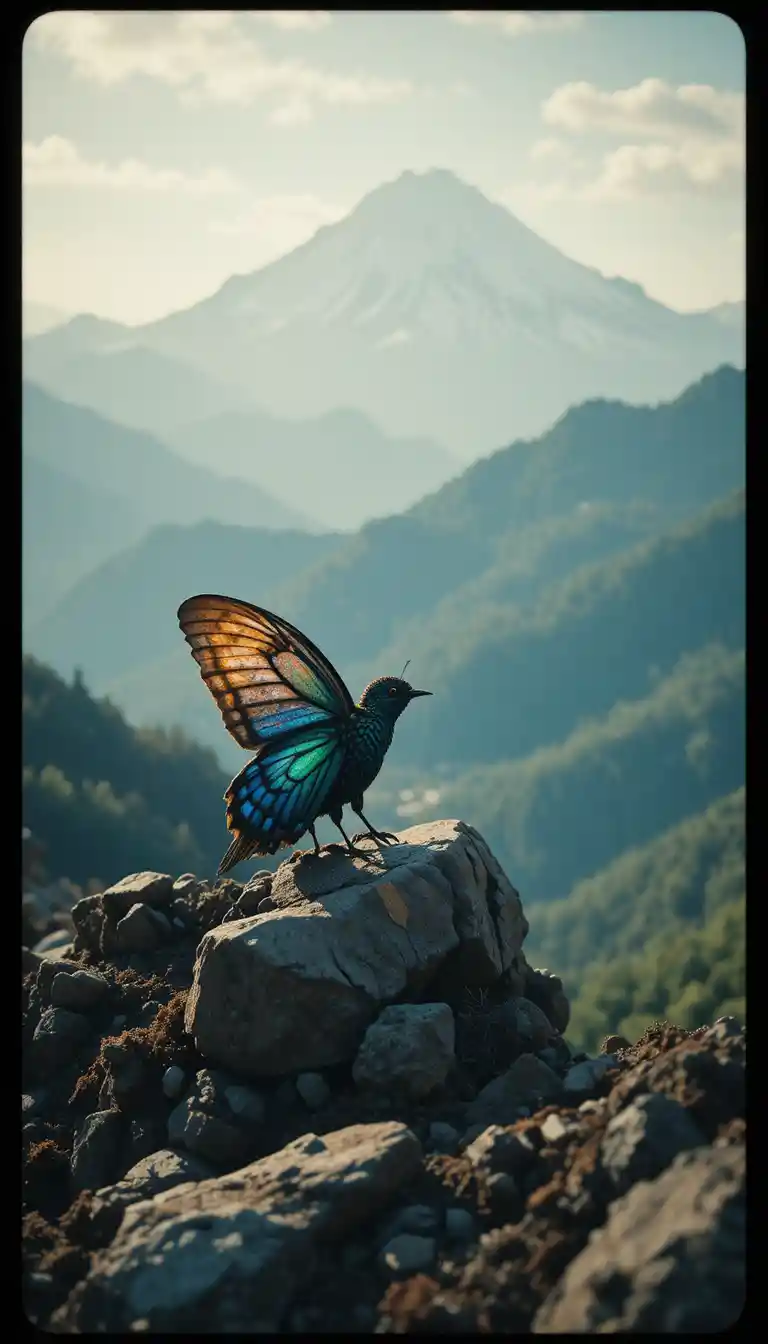 Fantasy insect resting on a misty Japanese mountain peak