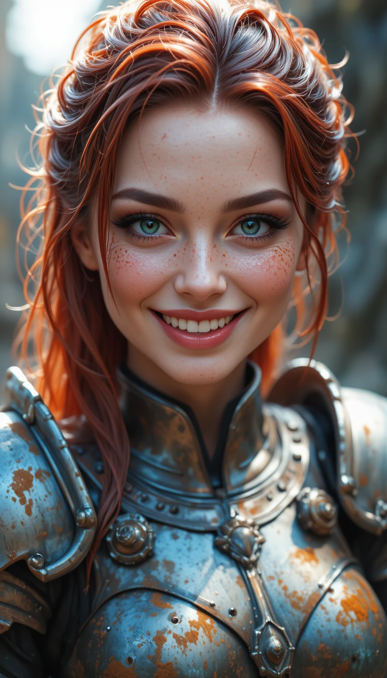 Battle hardened woman warrior in wet gothic armor